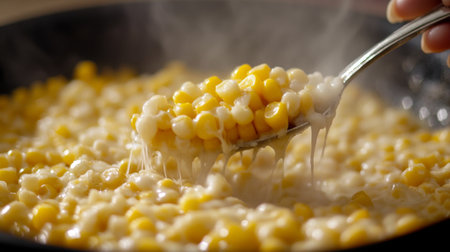 A close-up image showcasing steaming fresh corn kernels in a creamy sauce. The vibrant yellow corn is being lifted with a spoon, highlighting its tender texture and rich flavor. Perfect for food enthusiasts.の素材