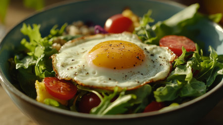 A vibrant salad featuring a sunny-side-up egg on a bed of leafy greens and fresh cherry tomatoes. Perfect for healthy meals or light snacks.の素材