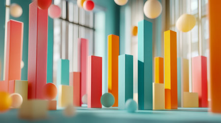 This vibrant and colorful scene features geometric shapes and spheres, creating a playful and modern atmosphere. The composition highlights depth and visual interest.の素材