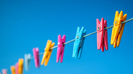 A vibrant collection of colorful clothespins hanging on a clothesline, set against a bright blue sky. This image captures the essence of outdoor laundry and cheerful domestic life.の素材