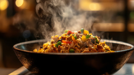 A vibrant plate of aromatic steaming rice filled with colorful vegetables and spices. Perfect for showcasing culinary expertise and healthy eating choices.の素材
