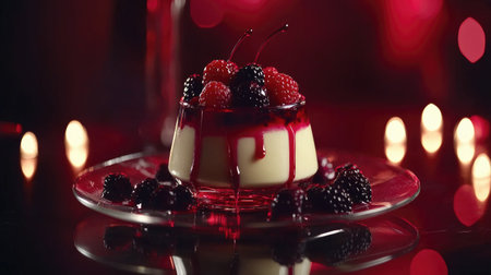 An exquisite panna cotta garnished with fresh berries and a drizzle of berry coulis, elegantly presented in a glass dessert cupの素材