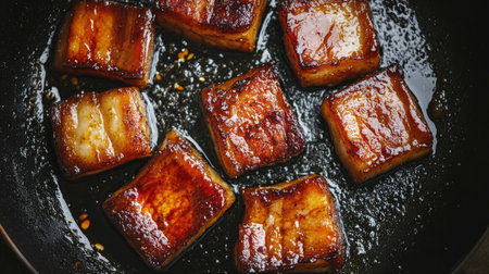 An overhead view of sizzling pork belly frying in a pan, showcasing the glistening texture and the aroma of fish sauce filling the airの素材