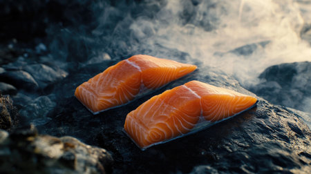 An inviting scene of marinated salmon being grilled, with smoky aromas and char marks visible, capturing the essence of outdoor cookingの素材