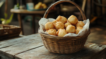 Basket of fried chicken with a perfectly crunchy coating, lined with parchment paper, on a rustic table backgroundの素材