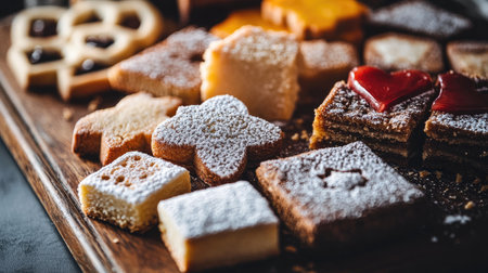 Assorted shortbread cookies in various shapes, arranged on a wooden board with a light dusting of powdered sugarの素材