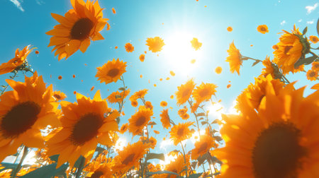 An image of sunflowers in full bloom under a clear blue sky, with the bright sun shining overhead, creating a cheerful and lively sceneの素材