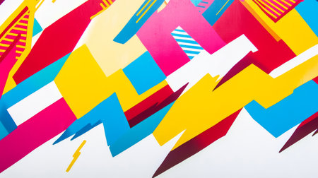This vibrant abstract geometric pattern features a dynamic mix of bold colors and playful shapes, creating an energetic and eye-catching design. Perfect for artistic projects.の素材