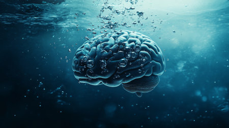 This stunning image features a brain submerged in water, surrounded by bubbles, evoking themes of creativity, thought, and emotional depth. Ideal for various creative projects.の素材