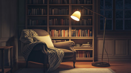 A cozy reading nook featuring a comfortable armchair draped with a warm blanket, accompanied by a softly glowing lamp beside a well-stocked bookshelf, perfect for relaxing evenings.の素材