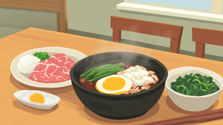 A colorful depiction of a steaming ramen bowl accompanied by rice and fresh ingredients. Perfectly plated with an egg, meat, and vegetables. Ideal for food enthusiasts.の素材