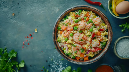 A vibrant bowl of shrimp fried rice with fresh vegetables and eggs, highlighting the colorful ingredients and perfect for a healthy meal option or recipe inspiration.の素材