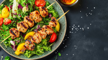 A vibrant meal featuring grilled chicken skewers served on a bed of fresh salad. This dish is perfect for a nutritious lunch or dinner, showcasing colorful vegetables and herbs.の素材