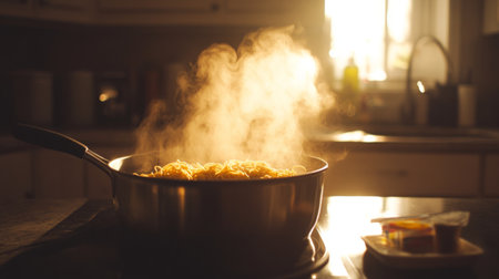 A serene image showcasing steam rising from a pan filled with golden noodles, illuminated by warm kitchen light, evokes feelings of home, comfort, and culinary delight.の素材