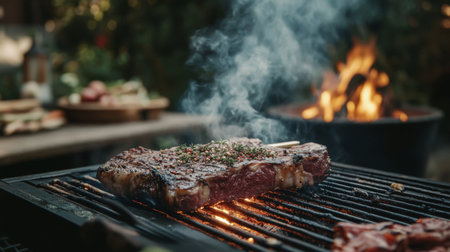 A juicy steak cooks on a grill, surrounded by smoke and flames, creating a mouthwatering scene perfect for barbeques and outdoor dinners.の素材