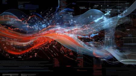 Colorful abstract data visualization features dynamic waves and flowing graphs, representing technology trends and data analysis in a modern digital landscape.の素材