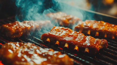 Close-up of succulent pork ribs on a grill, sizzling and caramelizing, with smoke rising and a vibrant barbecue sauce dripping down the sidesの素材