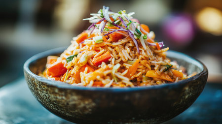 Close-up of American fried rice with a variety of vegetables, served in a deep bowl, highlighting the texture and vibrant colors of the dishの素材