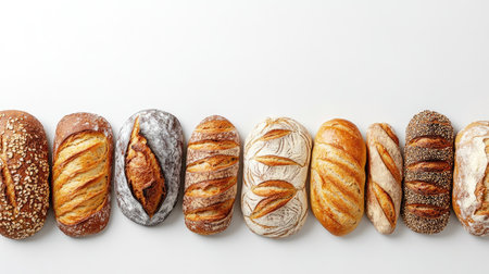 Overhead view of fresh bread slices arranged in a row on a clean, white background, highlighting the soft crumb and golden crustの素材