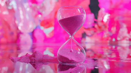 Modern hourglass with pink sand, placed on a reflective surface, showing fine details of the grains as they fall throughの素材