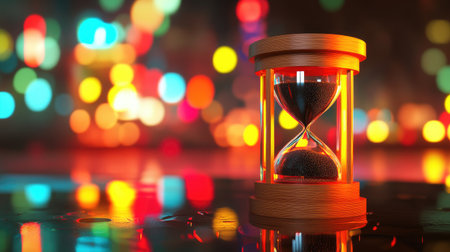 Hourglass with black sand halfway through, placed on a reflective surface with a blurred, dark background, symbolizing time and eleganceの素材