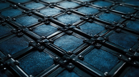 Futuristic digital grid with interconnected lines and nodes in blue tones, symbolizing technology and modern graphicsの素材