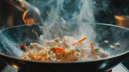 Pan-fried American fried rice sizzling in a wok, with vegetables and pieces of chicken mixed in, showcasing the cooking processの素材