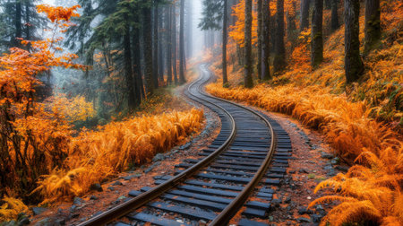 Railway tracks curving gently through a misty forest, surrounded by tall trees and early morning fog, creating a serene atmosphereの素材