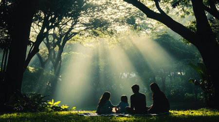 The silhouette of a family enjoying a picnic in a park, surrounded by trees and a blanket spread out, with sunlight filtering through the leavesの素材