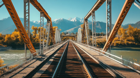 Railway tracks passing over a steel bridge, with a river flowing below and mountains in the distance under a clear skyの素材