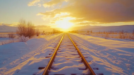 Sunset view of railway tracks glowing in golden light, leading into the horizon with soft clouds and warm colors in the skyの素材
