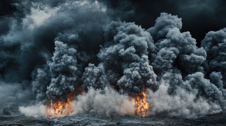 Thick, billowing smoke in shades of gray rising from the bottom, blending into a dark background for a mysterious effectの素材