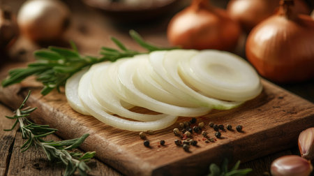 Sliced onions on a cutting board, revealing the juicy layers and glistening texture, surrounded by herbs and spices for an inviting culinary setupの素材