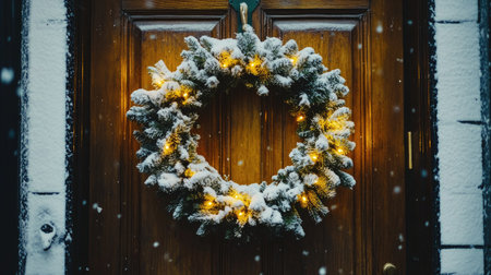 White Christmas lights on a delicate pine wreath, with golden accents and snowy branches, hanging on a rustic wooden door, capturing holiday warmthの素材