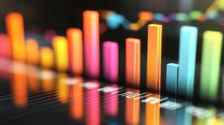 Various 3D bar graphs with different colors and heights on a reflective surface, symbolizing statistical data and information graphicsの素材