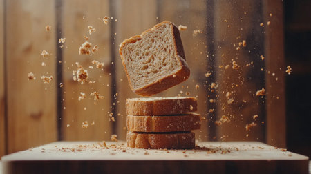 Stack of whole-wheat bread slices on a cutting board with crumbs around, set against a natural wood backdrop for a cozy feelの素材