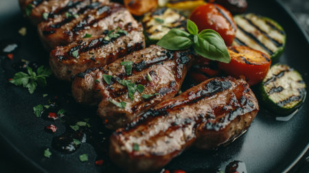 A mouth-watering plate featuring grilled steak, assorted vegetables, and fresh herbs, perfect for a gourmet dining experience. The dish showcases vibrant colors and rich textures.の素材