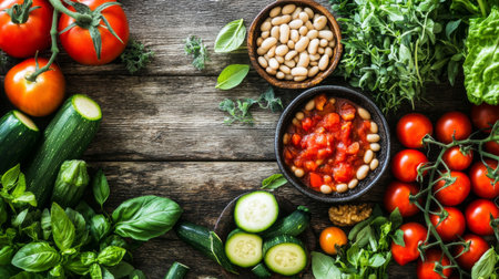 A vibrant arrangement of fresh vegetables and herbs with a bowl of tomato sauce on a rustic wooden table, showcasing healthy cooking ingredients.の素材