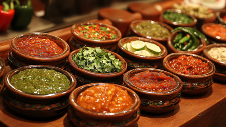 A vibrant assortment of fresh herbs and sauces presented in rustic bowls, showcasing a variety of flavors and colors perfect for enhancing dishes.の素材