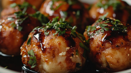 Enjoy a close-up view of savory balls drizzled with rich sauce and topped with fresh herbs. This appetizing dish embodies culinary delight and vibrant flavors.の素材