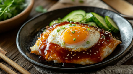 A vibrant dish featuring a perfectly fried egg topped with sauce and sesame seeds, accompanied by fresh cucumber slices on a black plate, ideal for food photography.の素材