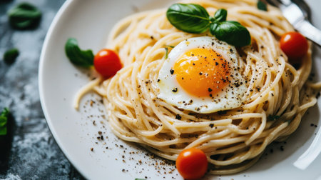 Close-up of creamy spaghetti carbonara topped with a perfectly placed egg yolk and fresh black pepper on a modern, white plateの素材