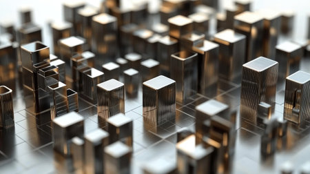 Stacked 3D bar graphs in metallic tones, arranged in a pattern on a white reflective surface, highlighting complex data visualizationの素材