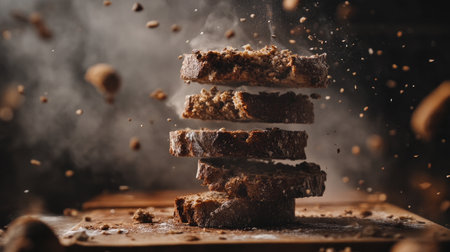Stack of whole-wheat bread slices on a cutting board with crumbs around, set against a natural wood backdrop for a cozy feelの素材