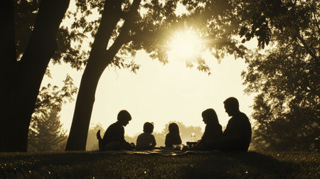 The silhouette of a family enjoying a picnic in a park, surrounded by trees and a blanket spread out, with sunlight filtering through the leavesの素材