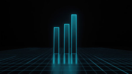 D bar graph with matte bars in shades of blue and gray, placed on a glossy grid floor with ambient lighting, conveying data visualizationの素材