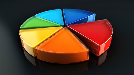 D pie chart with transparent slices in vivid colors, arranged on a dark surface with subtle reflections, representing data visualizationの素材