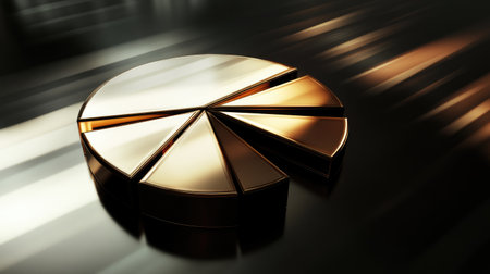 Abstract D pie chart with metallic segments in various shades, placed on a glossy background with dynamic lighting, illustrating data breakdownの素材