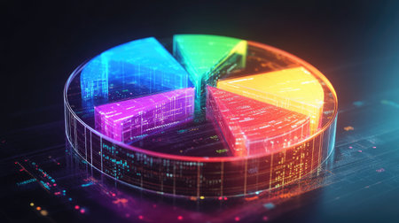 A D exploded pie chart with each segment floating apart from the center, vividly colored and illuminated, representing data comparison.の素材