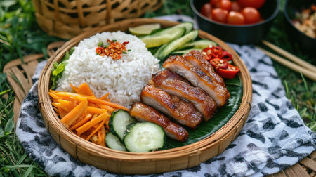 A casual outdoor picnic setting with a plate of fried pork belly, rice, and fresh vegetables, showcasing a delightful and hearty Thai meal shared among friends.の素材